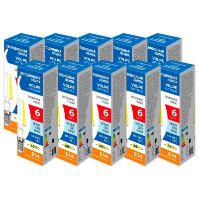 Лампочка светодиодная Optima Филамент LED-CW35-6W/4000K/E14/CL/SLF Набор из 10штук Volpe