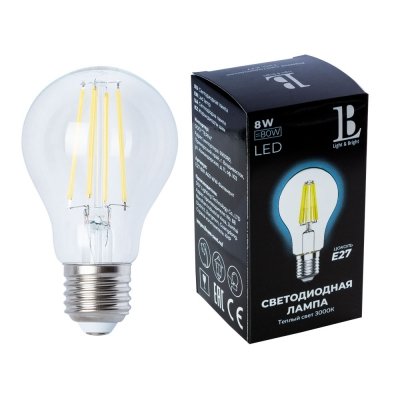 Лампочка светодиодная филаментная  E27-8W-A60-WW-filament_lb L&B