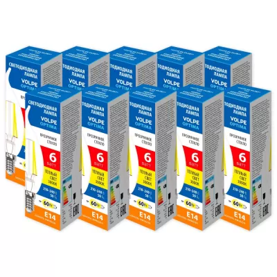 Лампочка светодиодная Optima Филамент LED-CW35-6W/3000K/E14/CL/SLF Набор из 10штук Volpe