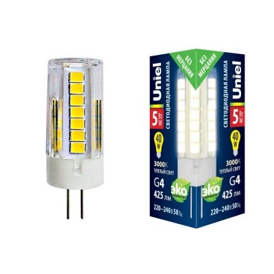 Лампочка светодиодная  LED-JC-220/5W/3000K/G4/CL GLZ09TR картон Uniel