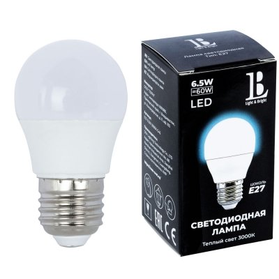 Лампочка светодиодная  E27-6,5W-3000K-G45_lb L&B