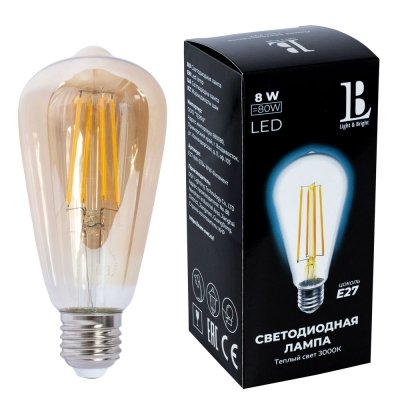 Лампочка светодиодная филаментная  E27-8W-SТ64-WW-fil gold_lb L&B