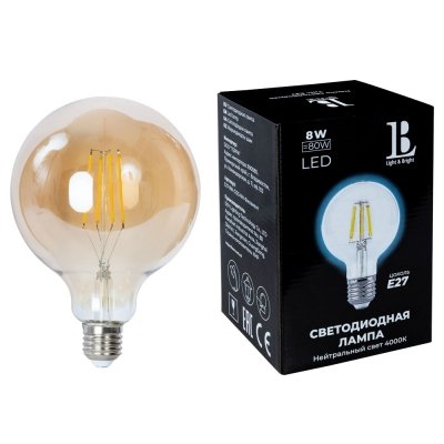 Лампочка светодиодная филаментная  E27-8W-G125-NH-fil gold_lb L&B